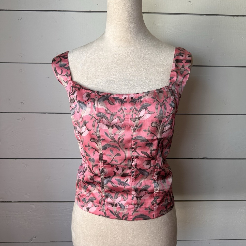 Free People Grace Corset Top Pink Floral Birds M Bridgerton Festival Feminine